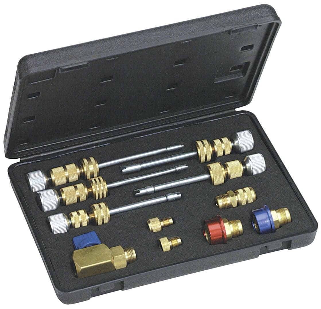 Mastercool 58490 R134a Valve Core Remover/Installer Kit – Works Under Pressure – Covers Standard, JRA, Eaton Cores – Includes Shafts, Adapters, R134a Fittings & Case