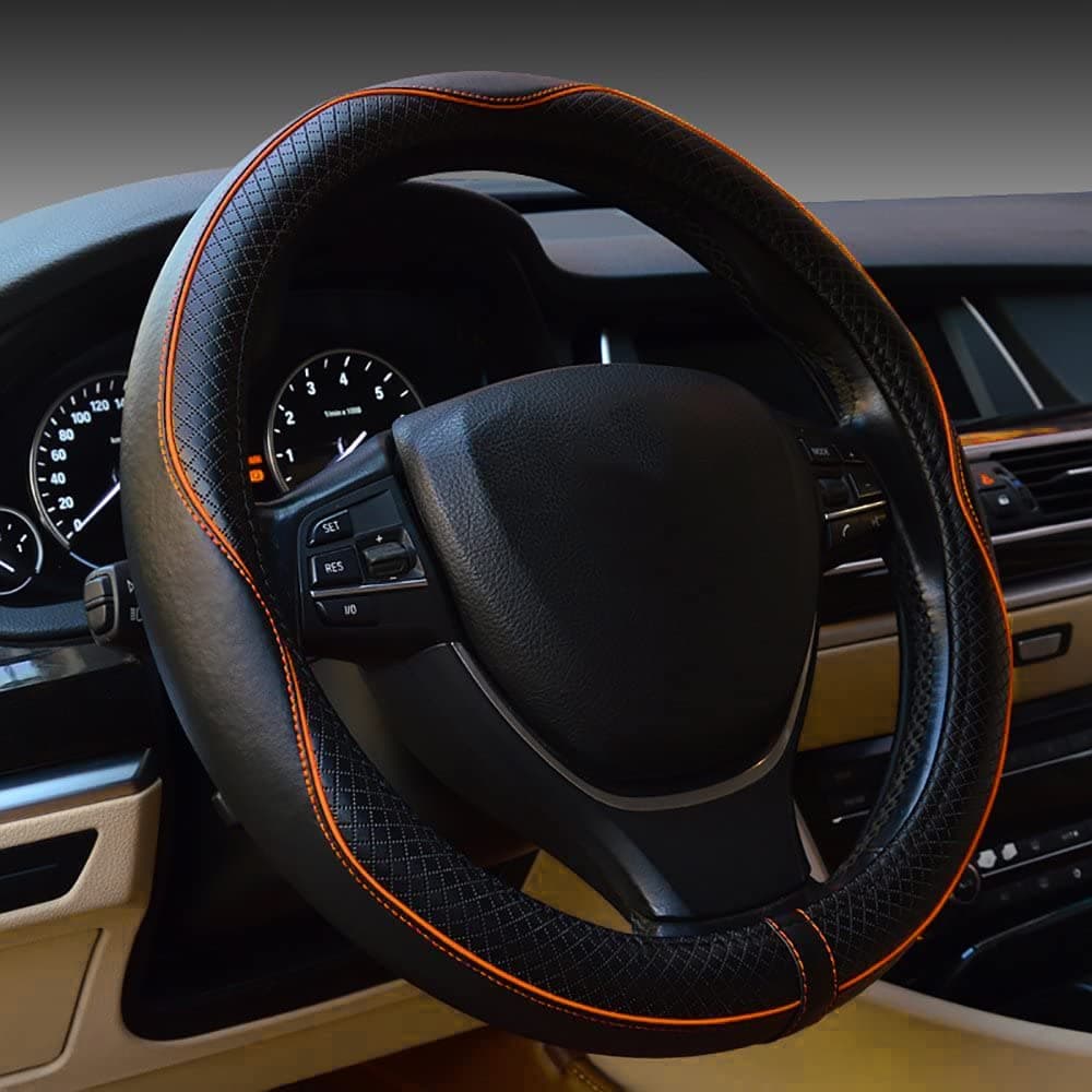 Car Steering Wheel Cover AntiSlip Safety Soft Breathable Heavy Duty Thick Full Surround Sports Style Black with Light Orange Line