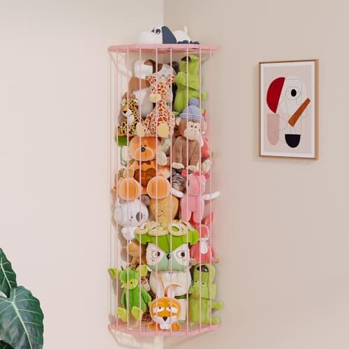 BBLlKE Stuffed Animal Storage Zoo Corner Plush Toy Organizer Length Adjustable Wall Hanging Stuffed Animal Net Holder for Nursery Playroom Bedroom Kids Room Pink