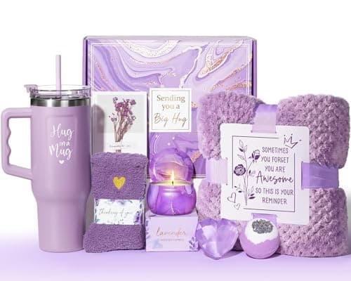 Birthday Gifts for Women Self Care Get Well Soon Gifts Lavender Relaxing Spa Bath Gift Basket Care Package w Flannel Blanket 40 OZ Tumbler Mothers Day Gift for Mom Her Wife Girlfriend Grandma