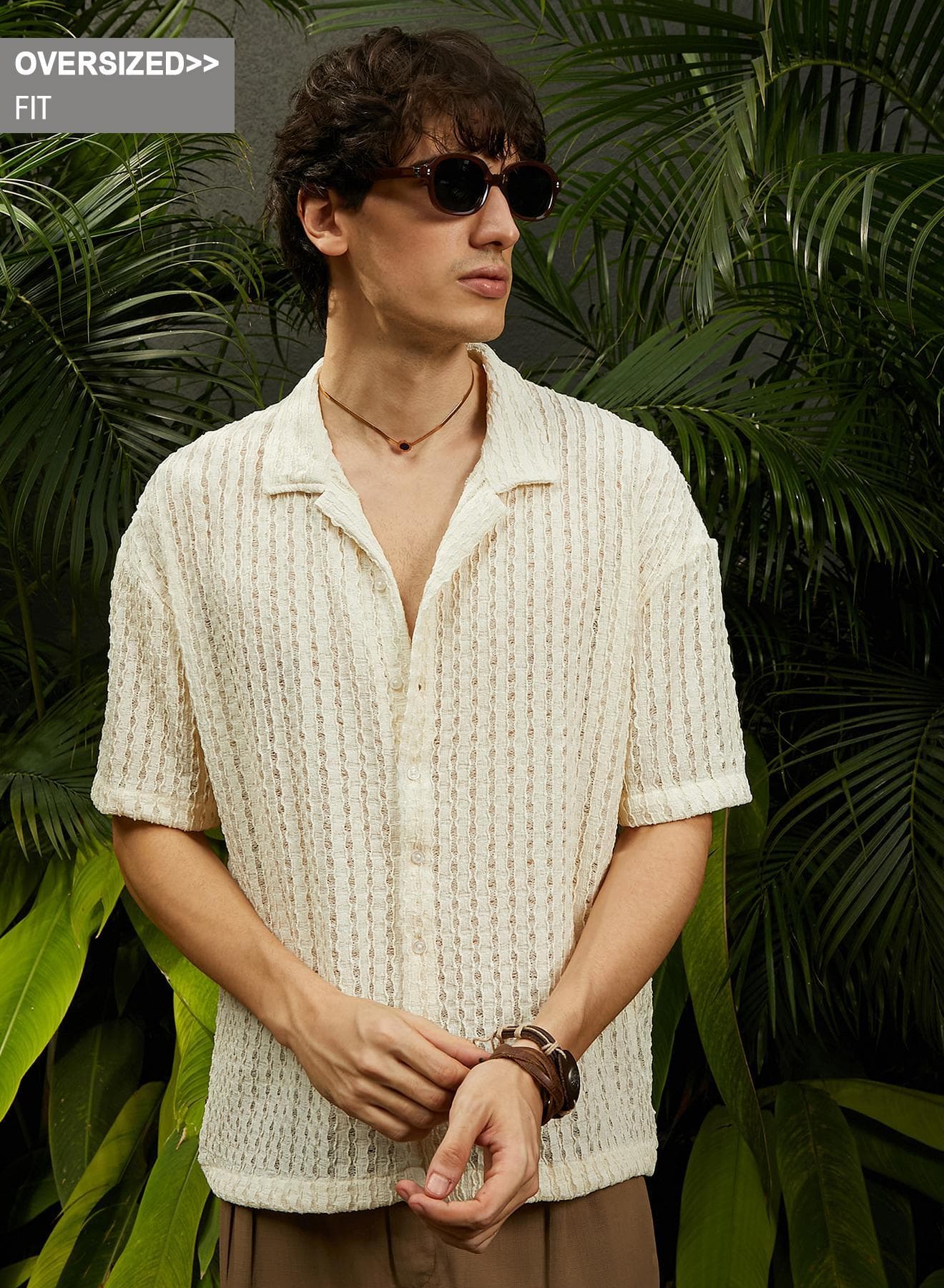 Men's Cream White Striped Knit Oversized Shirt