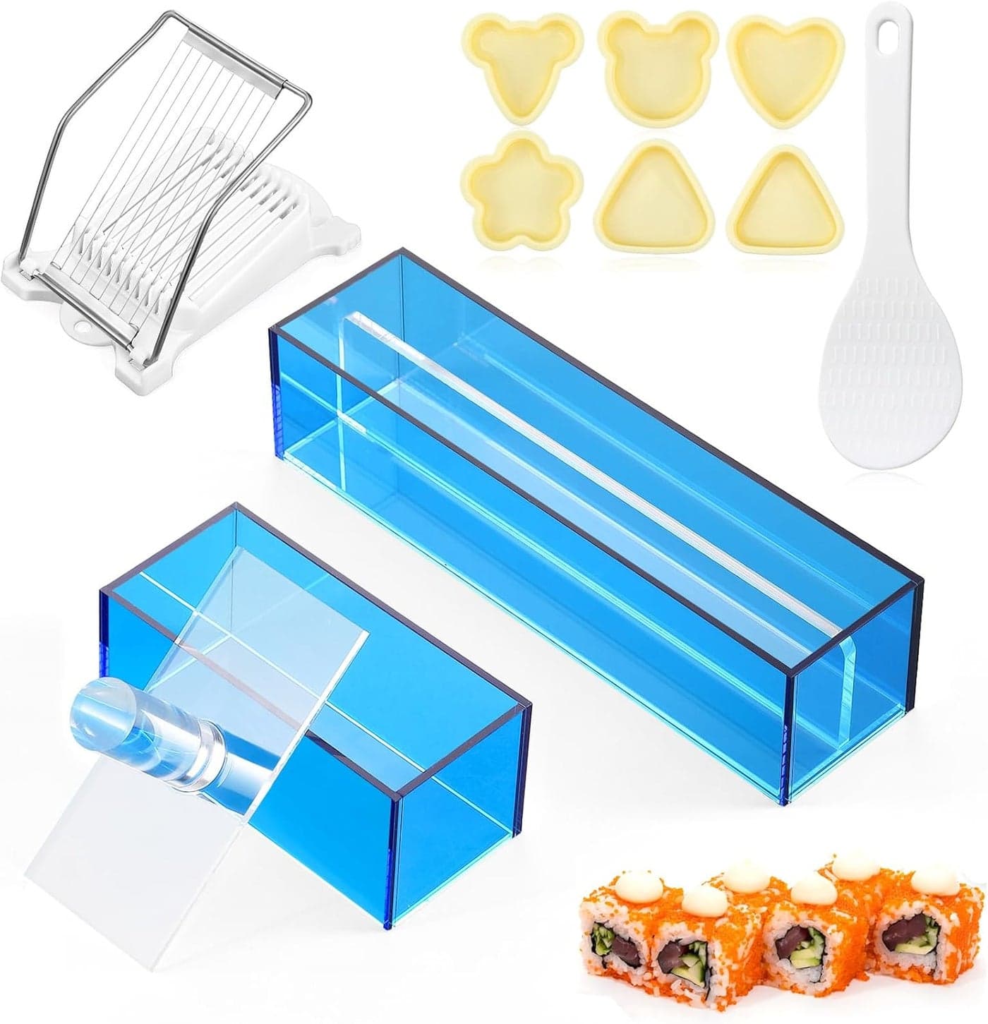 Baderke 10 Pcs Musubi Maker Kit 2 Blue Acrylic Sushi Press Molds 1 Luncheon Meat Slicer Stainless Steel Wires 6 Rice Ball Molds 1 Spoon Sushi Maker Kit for DIY Brunch Home Bento Picnic