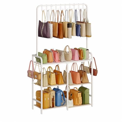 Large Purse Organizer for women with 10 Purse Hanger, 3-Tier Double Row Purse Rack Stand with 6 Side Hooks for Purse Storage, Space Saving Floor-Standing Handbag Organizer for Closet & Narrow Spaces