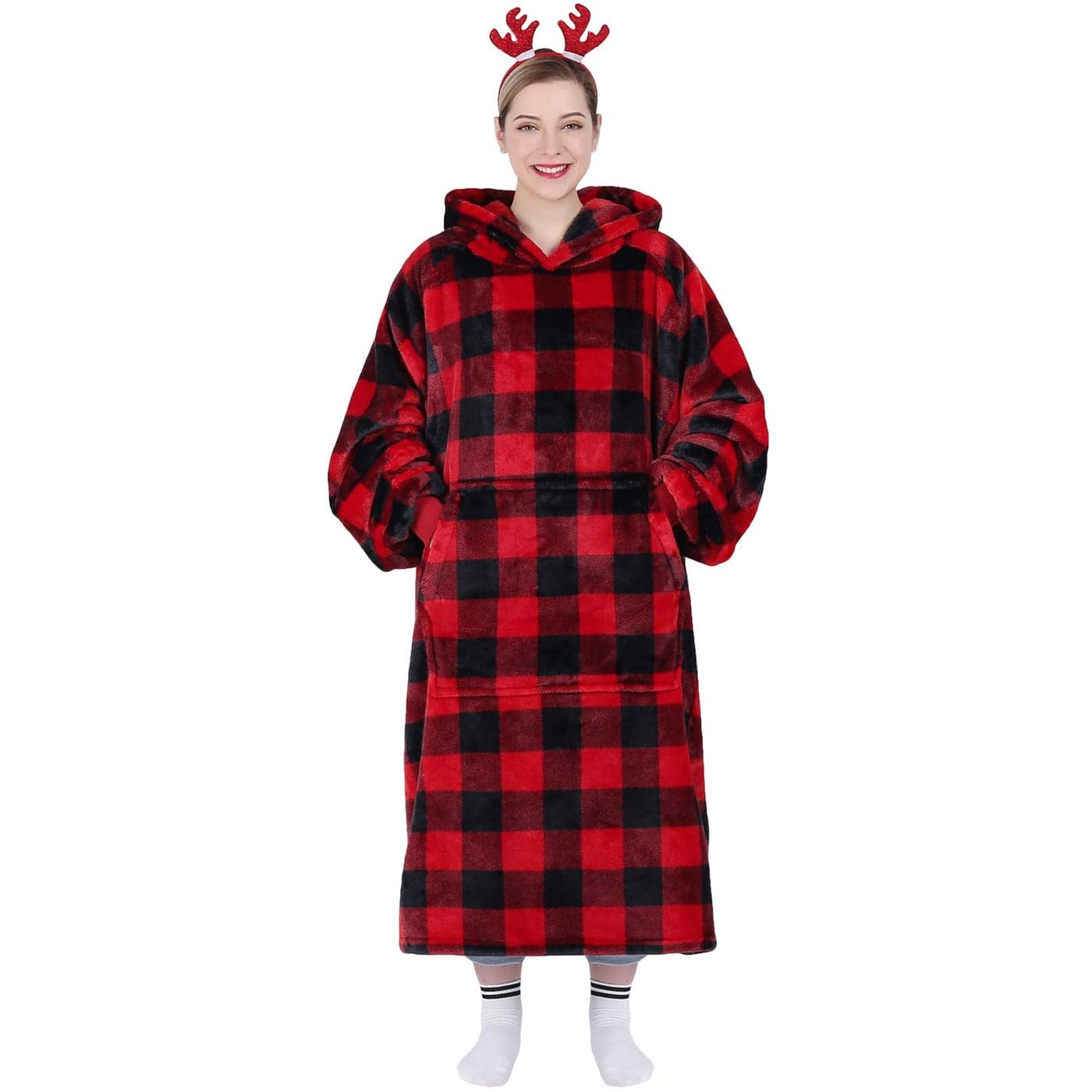Waitu Wearable Blanket Hoodie Sweatshirt Gifts for Adult and Child Warm and Cozy Giant Hoodie Blanket for Women and Men Flannel Blanket with Sleeves Red and Black Plaid
