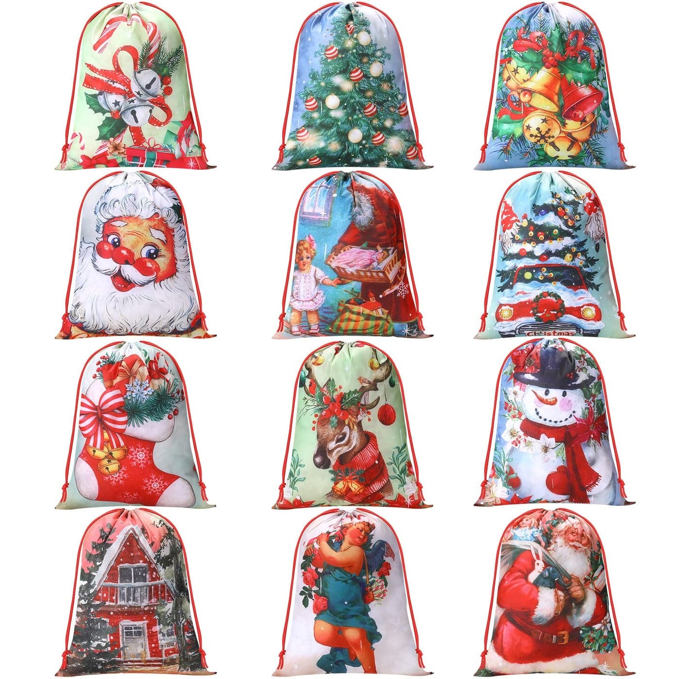 12 Pcs Christmas Drawstring Backpack Gift Bags Christmas Goody Treat Bags Santa Claus Xmas Tree Winter Snowflakes Snowman Wrapping Gift Bags for Kids Holiday Birthday Party Vintage 132 x 163 In