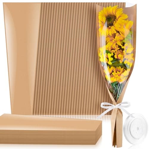 Jutieuo 50 Pcs Flower Bags for Bouquet Flower Wrapping Kraft Paper Floral Sleeve Bouquet Bags with Ribbons for Florist Supplies Wedding Birthday Mothers Day 87x248 Inches