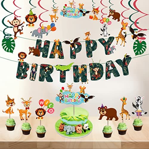 Festiko®Jungle Theme Happy Birthday Party Decoration Combo (20 pcs), Jungle Themes Party Favors for Kids Birthday Decoration(Banner,Swirls,Cake Topper,Cup Cake Toppers)
