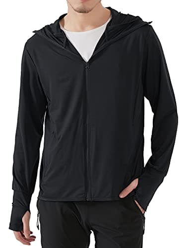 Locachy Men's UPF 50+ Sun Protection Outdoor Lightweight Full Zip Hoodie Jacket Long Sleeve Fishing Hiking Performance Shirt Black L