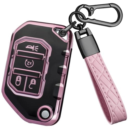 VCCARVN for Jeep Key Fob Cover TPU Key Shell Case Protector Compatible with Jeep Wrangler JL JLU Rubicon Gladiator JT Sahara 4 Buttons Flip Car Key Pink