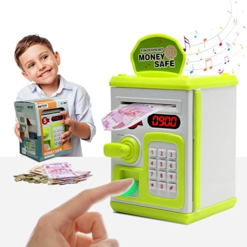 Gooyo GY-3011 Toy Money Bank with Fingerprint Sensor & Password Protection Feature | Money Safe Toy with Sound Effects | Money Saving Toy for Kids | Green, Power Source : 3xAA Batteries (Not Included)