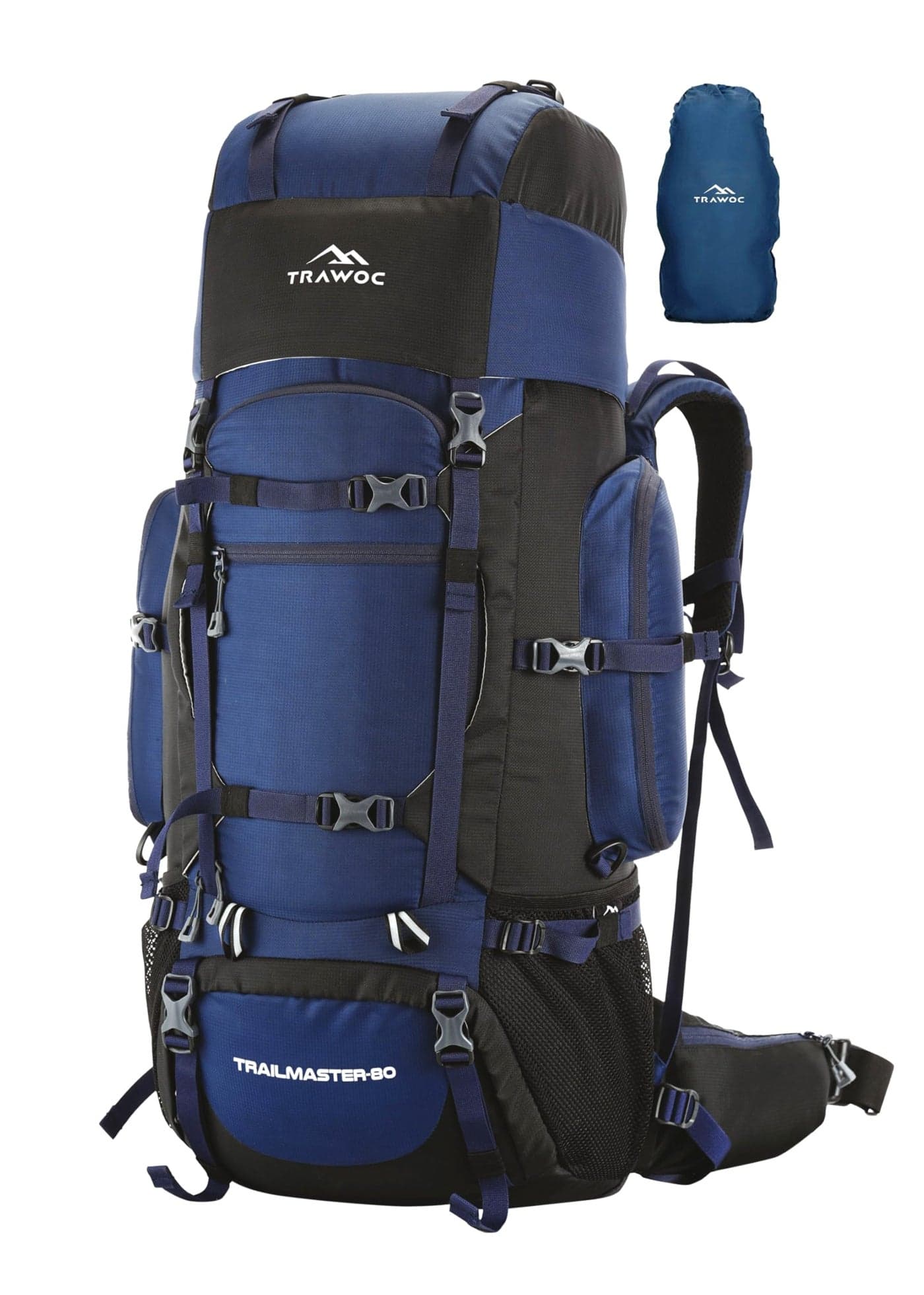 TRAWOC TRAILMASTER 80L Rucksack Bag for Men & Women, Large Water Resistant Trekking Hiking Bag Travel Backpack, Navy Blue, 3 Year Warranty