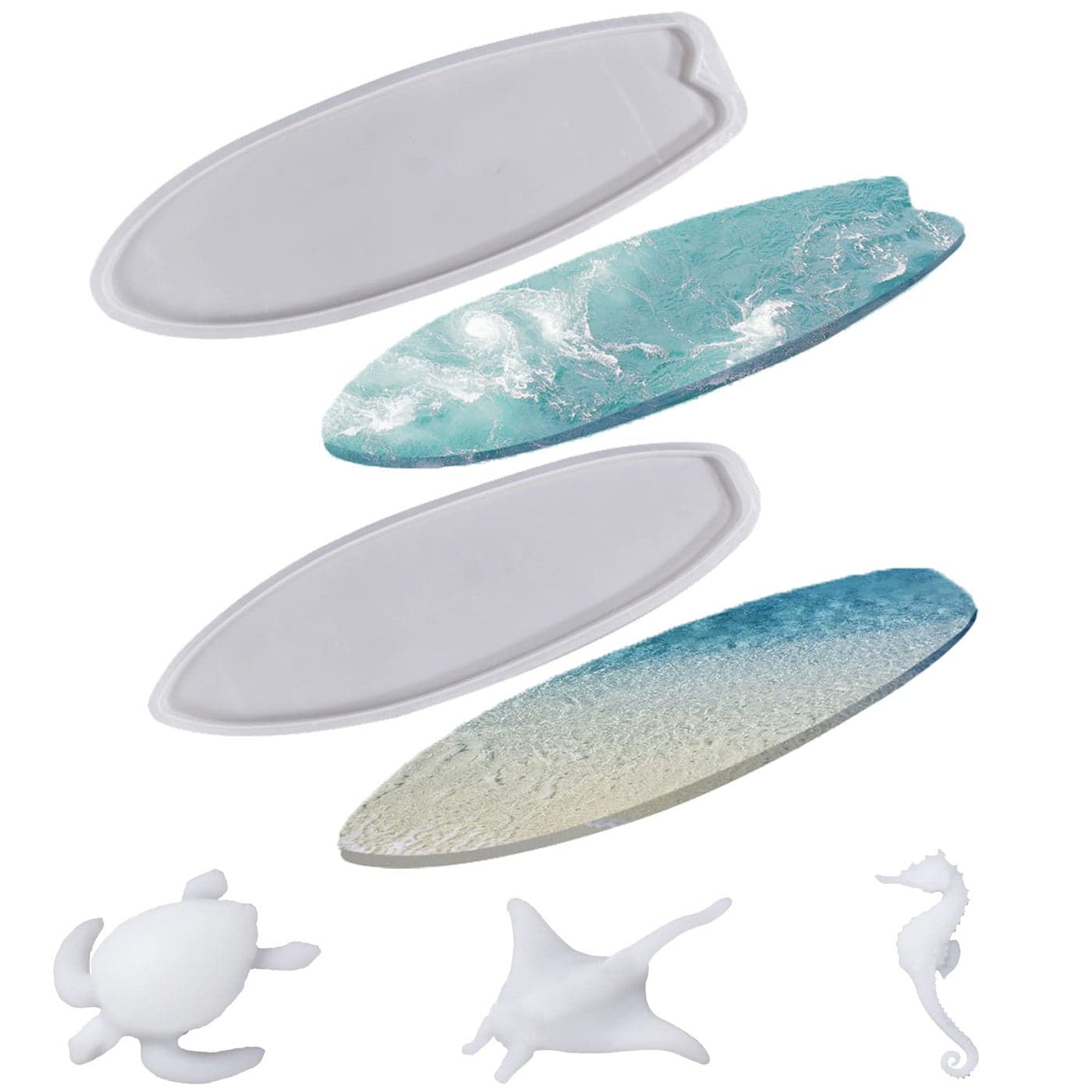 Cayway Surfboard Resin Tray Molds 2 Style Surf Board Epoxy Molds Silicone Large Tray With Fish Turtle Seahorse Mould Filler for DIY Ocean Waves Art Serving Tray