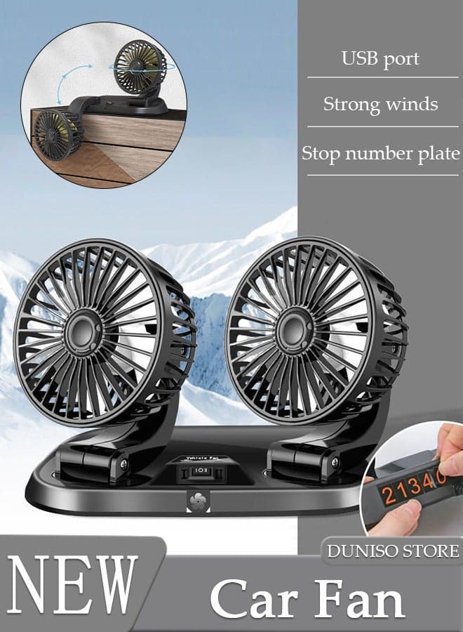 Car Fan Dual Head USB Fan for Car with Powerful Cooling, 360°Adjustable Car Cooling Fan with Number Plate Adjustable 2 Gear Wind Powerful Dashboard Cooler Fan for Car Home Office
