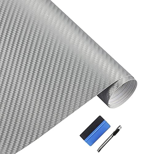 LZLRUN 3D Carbon Fiber Vinyl Wrap - Outdoor Rated for Automotive Use - 12" x 60" Knife + Hand Tool (Silver)
