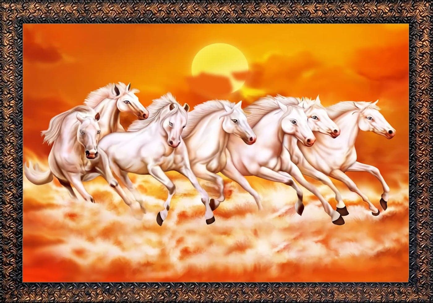 CN RETAILS Beautiful 7 Horses vastu Wall Painting with Special Effects Sparkle Lamination wood art framed wall Painting for home dcor Synthetic Solid Wooden Frame Brown 50 x 65 cm 18x24_27