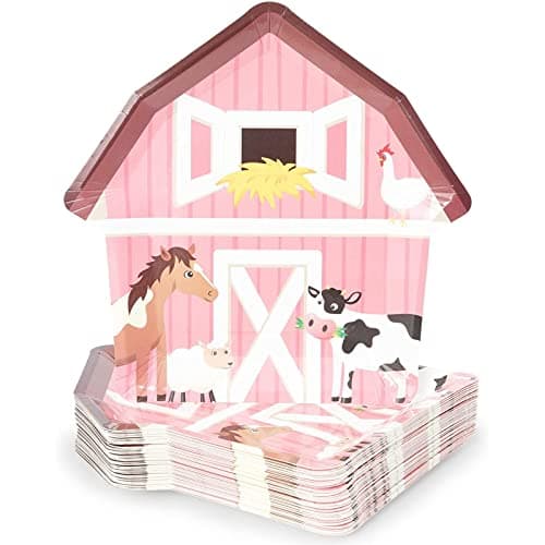BLUE PANDA Farm Animal Birthday Plates 10 x 10 Pink Red Barnhouse Shape 48 Count Barnyard Paper Plates for Farm Party Barnyard Birthday Decor Party Accessories