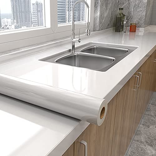 Shiny White Wallpaper peel and Stick Wallpaper Glossy Self Adhesive Removable Wall paper,15.8" X 393"Waterproof Countertop Paper White Contact Paper for Cabinet Countertop Furniture Kitchen Vinyl Film