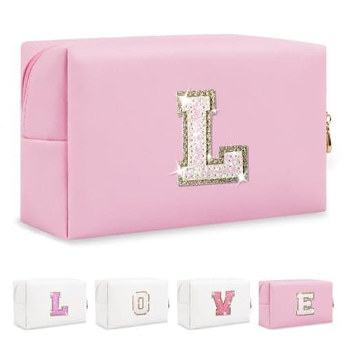 Small Personalized Initial A-Z Patch Makeup Bag,Pink Cute PU Leather Glitter Letter Cosmetic Bag for Teen Girls,Travel Toiletry Bag with Zipper,Preppy Monogrammed Birthday Gift for Daughter Niece L