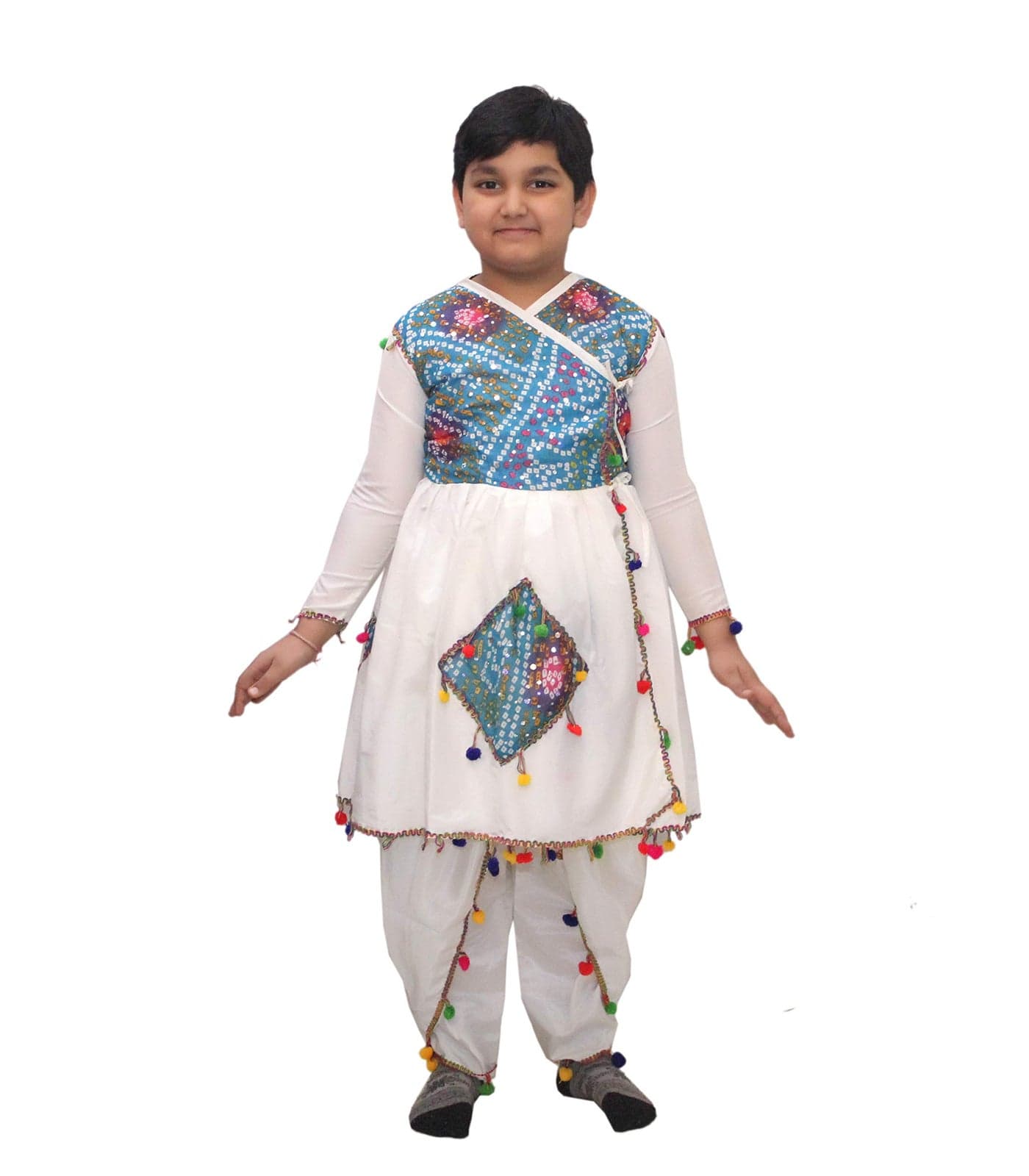 Kaku Fancy Dresses Cotton Blend Indian State Gujrati Dance Costume For Kids Navratri Dandiya Garba Kediyu Dress Dance Costume For Boys - Cream, 3-4 Years