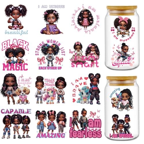 Rngmsi UV DTF Cup Wrap 16 Sheets Black Girl UV DTF Cup Wraps for 16 oz Glass Inspirational Quote Uvdtf Stickers for Water Botters Cute Dog Bow Waterproof Rub on Transfer Decals DIY Crafts