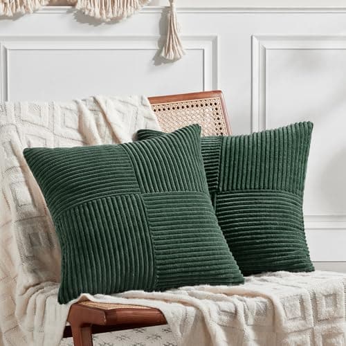 Fancy Homi Set of 2 Dark Green Decorative Throw Pillow Covers 16x16 Inch for Living Room Couch Bed Boho Farmhouse Forest Green Home Decor Soft Corss Corduroy Patchwork Textured Cushion Case