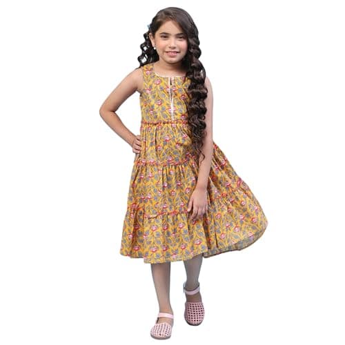 Biba Girls Cotton Tiered Printed Regular Fit Kurta (KW5050EAW22YEL_Yellow, 8-9 Years