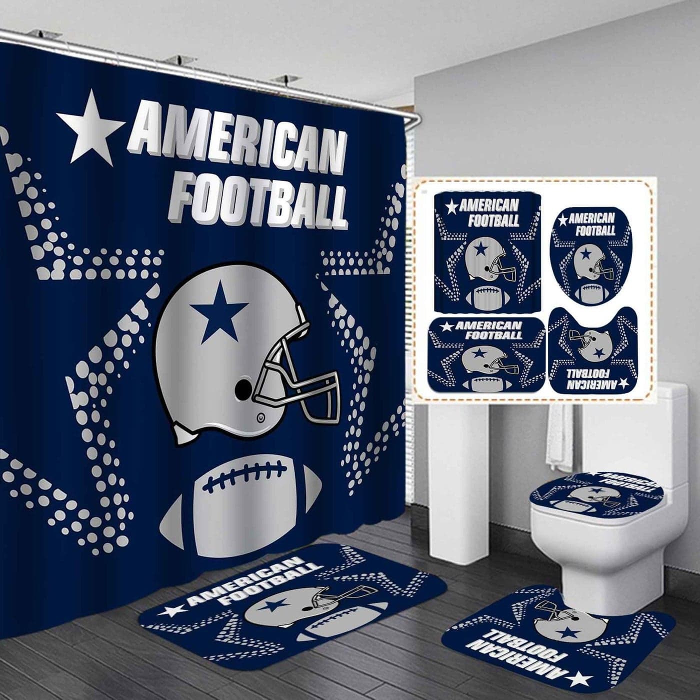 Namdeva 4PCS Sports Shower Curtain Set American Football Helmet Stadium Grey Dots White Quotes Navy Blue Texas Star Touchdown Man Cave Bathroom Decor NonSlip Bath Mat Gifts for Men Teenage Boys