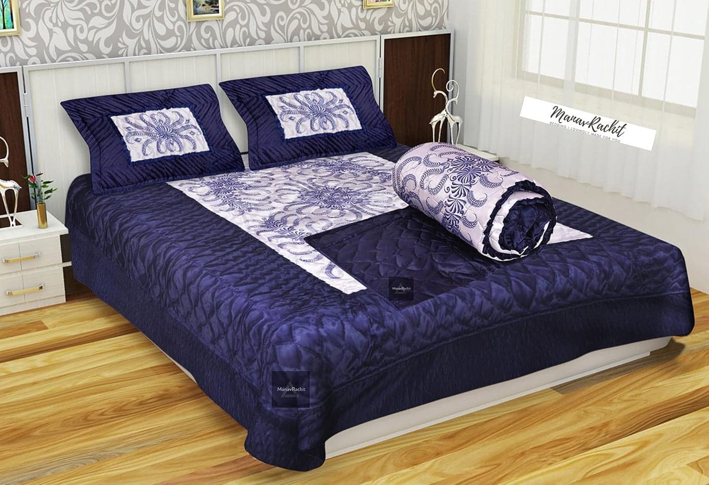 ManavRachit 310 TC Satin Luxury Gold VIP Printed King Size Wedding Bedding Bedsheet Set Set of 4 Pieces for Home Living Room Blue VIP