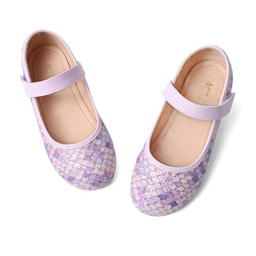 Toddler Girls Mermaid Dress Shoes Glitter Ballet Flats Non-Slip Soft Mary Jane Flower Girl Princess Shoes for School Party Wedding,Purple Scales