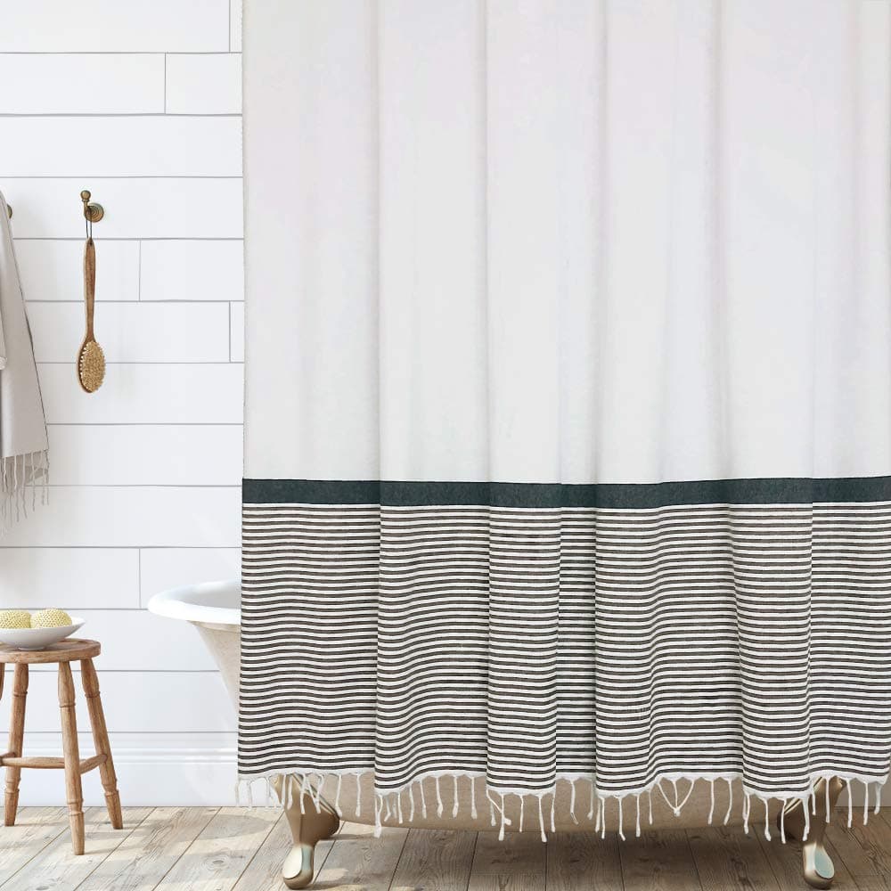 HALL PERRY Modern Farmhouse Tassel Shower Curtain 100 Cotton Striped Fabric Shower Curtain with Tassels for Bathroom Dcor Tan 72x72