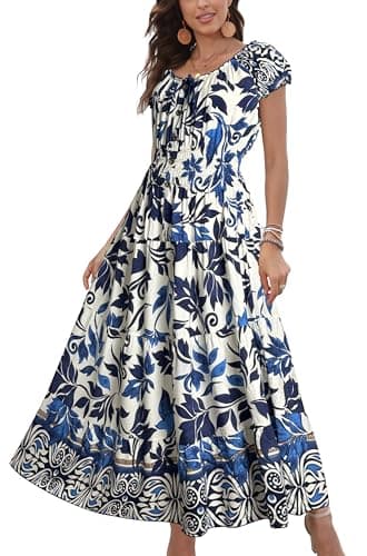 OSTOO Women's 2025 Summer Short Sleeves Boho Floral Print Tiered Casual Flowy Long Maxi Dress(Blue,XXL)