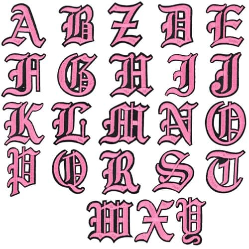 26 PCS Gothic Iron On Letters for Clothing AZ 26 Varsity Letter Patches Applique Funny Iron On Embroidered Patch for Clothes Bags Hats TShirts Jeans Jackets DIY AccessoryPink