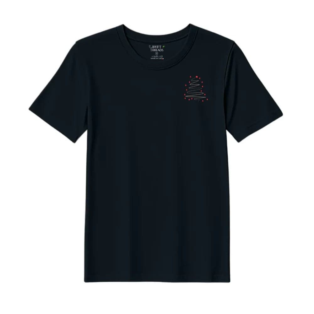 Threads Large Black Polycotton T-Shirt - Christmas "Starry Christmas Tree" Embroidered Design, Premium Holiday Collection