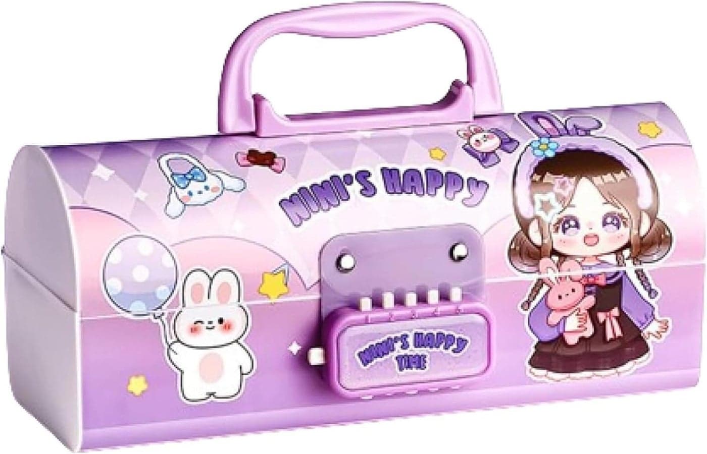 Parshya Multilayer Password Lock Pencil Box, Plastic Cartoon Print Pen Case for Girls, Large Capacity Stylish Pencil Box for Boy, School Stationary Organizer Case for Kids (Nini Purple)
