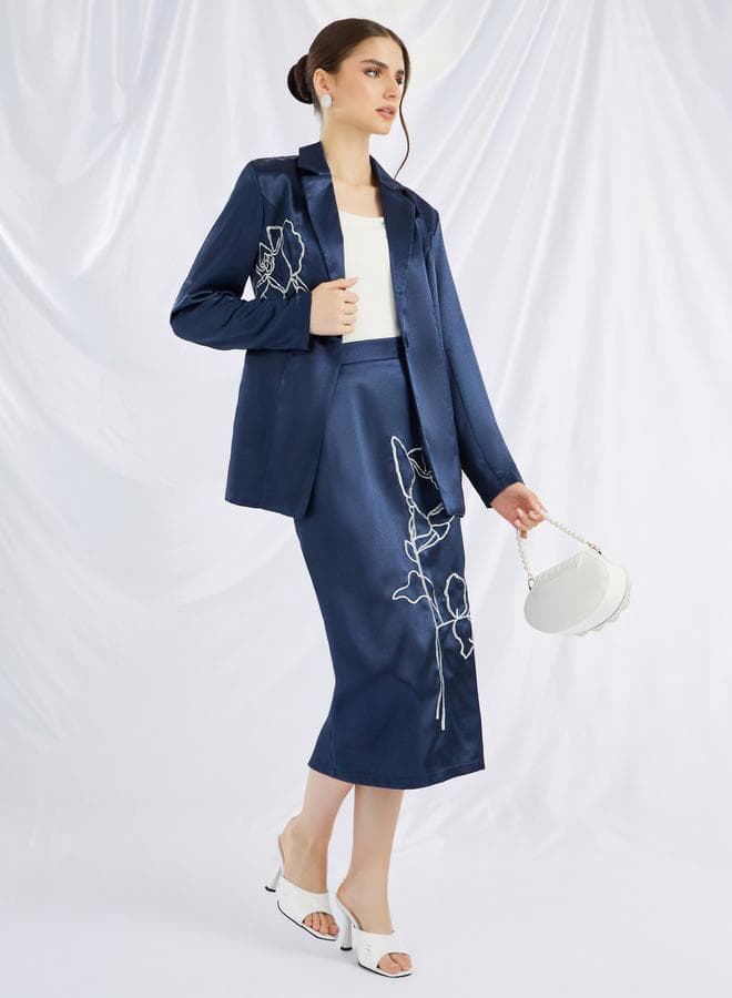 Embroidered Straight Fit Satin Midi Skirt — XL