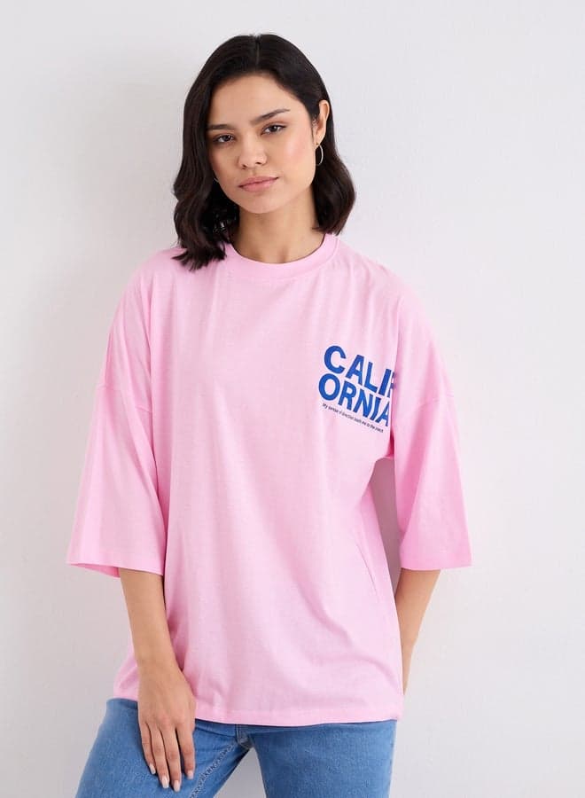 Styli Slogan Print Round Neck Oversized T-Shirt