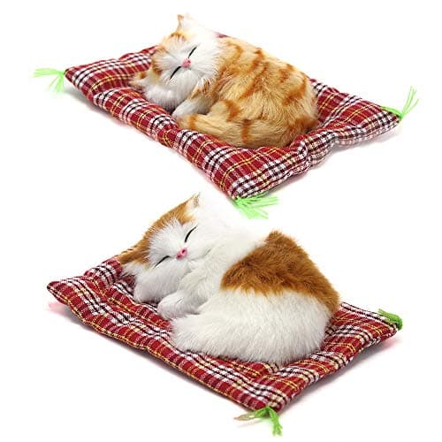 Coolayoung 2Pcs Sleeping Cat on Pad Doll Toy Cute Mini Kitten on Pad with Meows Sounds Decor Hand Toy Gift for Kids Boys Girls