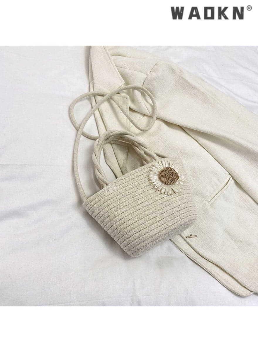 Pastoral style handwoven bag, environmentally friendly handbag, flower commuting shoulder bag, solid color storage bag, vacation crossbody bag(off white)