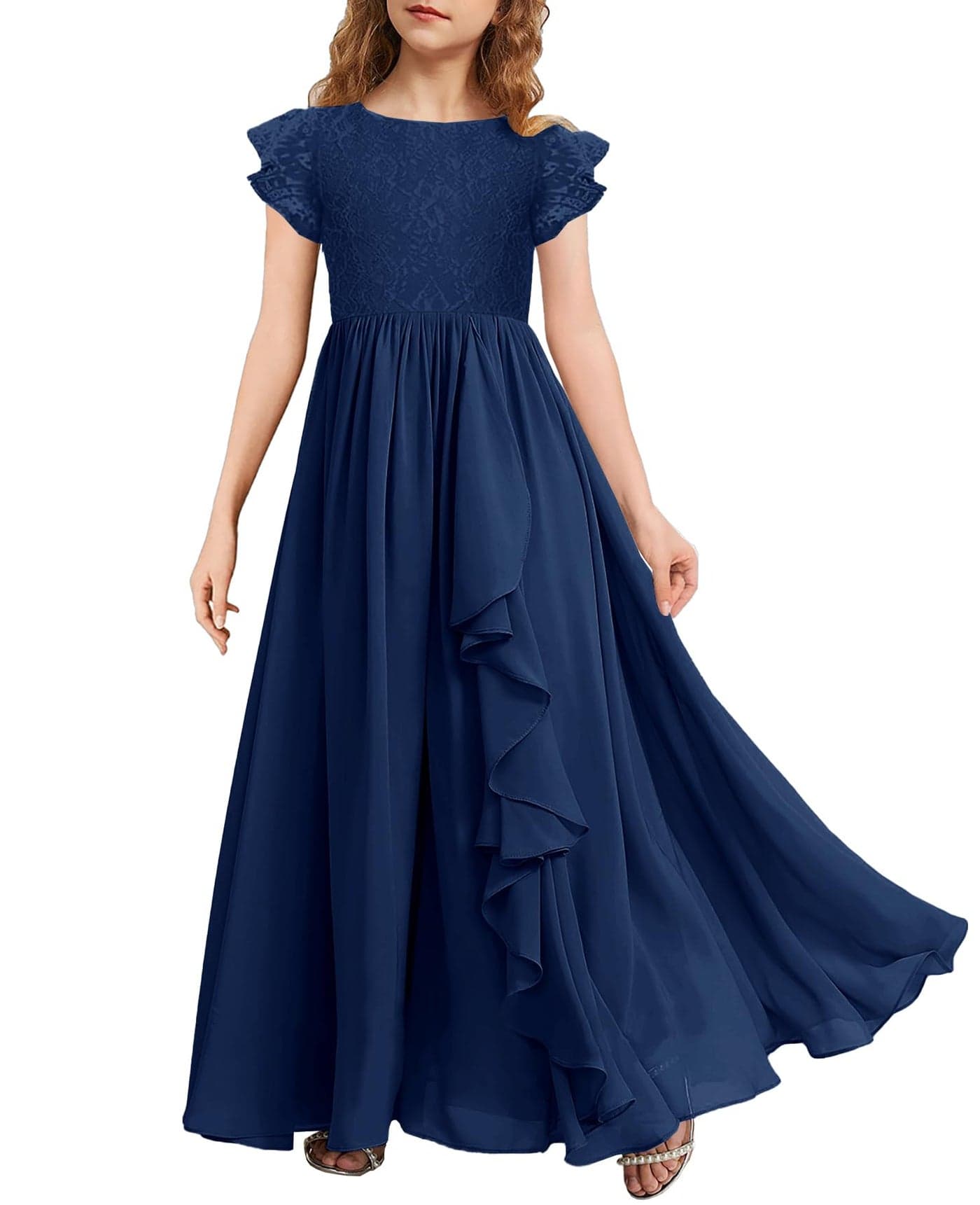 MITILLY Girls Lace Flower Maxi Dress Ruffle Sleeve A-Line Flowy Junior Bridesmaid Navy Blue Dresses for Wedding Party Size 12 Years Dark Blue
