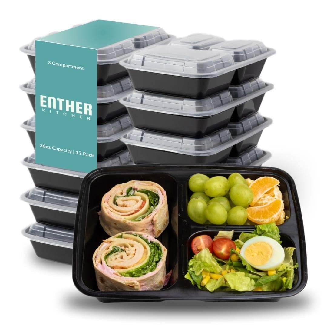 Enther Meal Prep Containers 12 Pack 3 Compartment with Lids Food Storage Bento Box BPA Free Stackable Reusable Lunch Boxes MicrowaveDishwasherFreezer SafePortion Control 36 oz