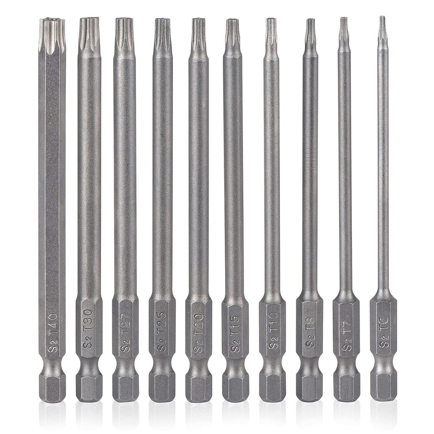 YDLQWCZ 10 Pieces Torx Security Screwdriver Drill Bit Set T6 T7 T8 T10 T15 T20 T25 T27 T30 T40 Torx Bits 14 Inch Magnetic Hex Shank 4 Inch Length S2 Steel Tamper Proof Star Screwdriver Bits Tools