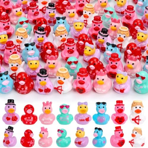 120 Pcs Valentines Day Mini Resin Ducks 8 Style Bulk Love Heart Duck Figures to Hide for Valentines Gifts Home Tabletop Garden Miniature Landscape Cake Birthday Party Decor