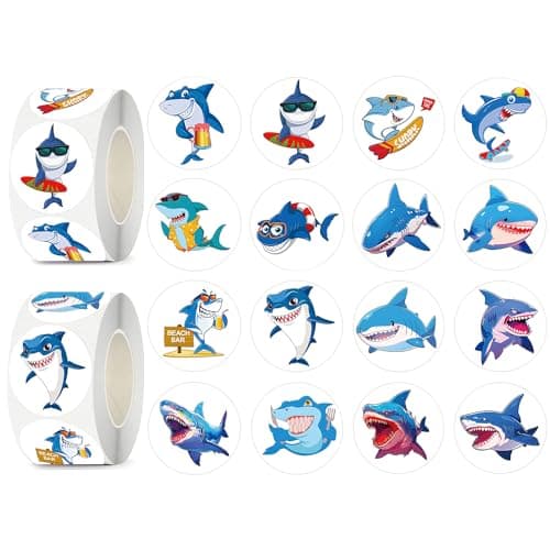 UVUXO 600 Pcs Shark Stickers for Kids 15 Inch Round Stickers Roll 16 Tyles Ocean Shark Kindergarten Stickers Teacher Sticker for Kids Birthday Party School Reward Giveaways