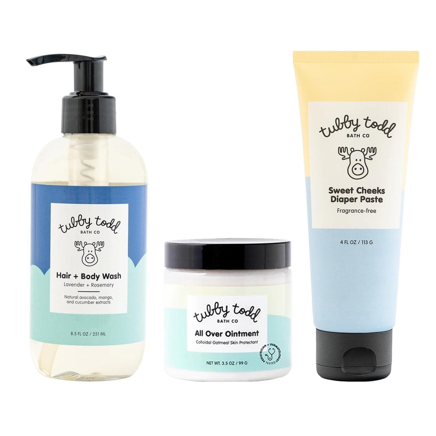 TUBBY TODD Baby Bundle Newborn Skin Care Set Hypoallergenic Hair Body Wash All Over Ointment with Colloidal Oatmeal Sweet Cheeks Diaper Paste Lavender Rosemary Standard Size