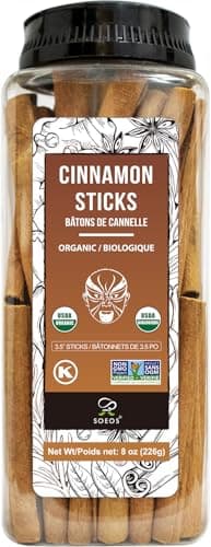 Soeos Organic Cinnamon Sticks, 8 oz (226g), 3.5" Length, 100% Raw, Non-GMO, Kosher Certified, Whole Cinnamon Sticks Seasoning Spice for Coffee, Baking, Cooking and Beverages