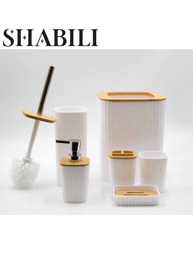 Bamboo Wooden Bathroom Accessories Set, 6 Pcs Set Toilet Brush, Soap Dispenser, Waste Bin, Toothbrush Holder, Soap Dish Cup Set Can Be Used Repeatedly