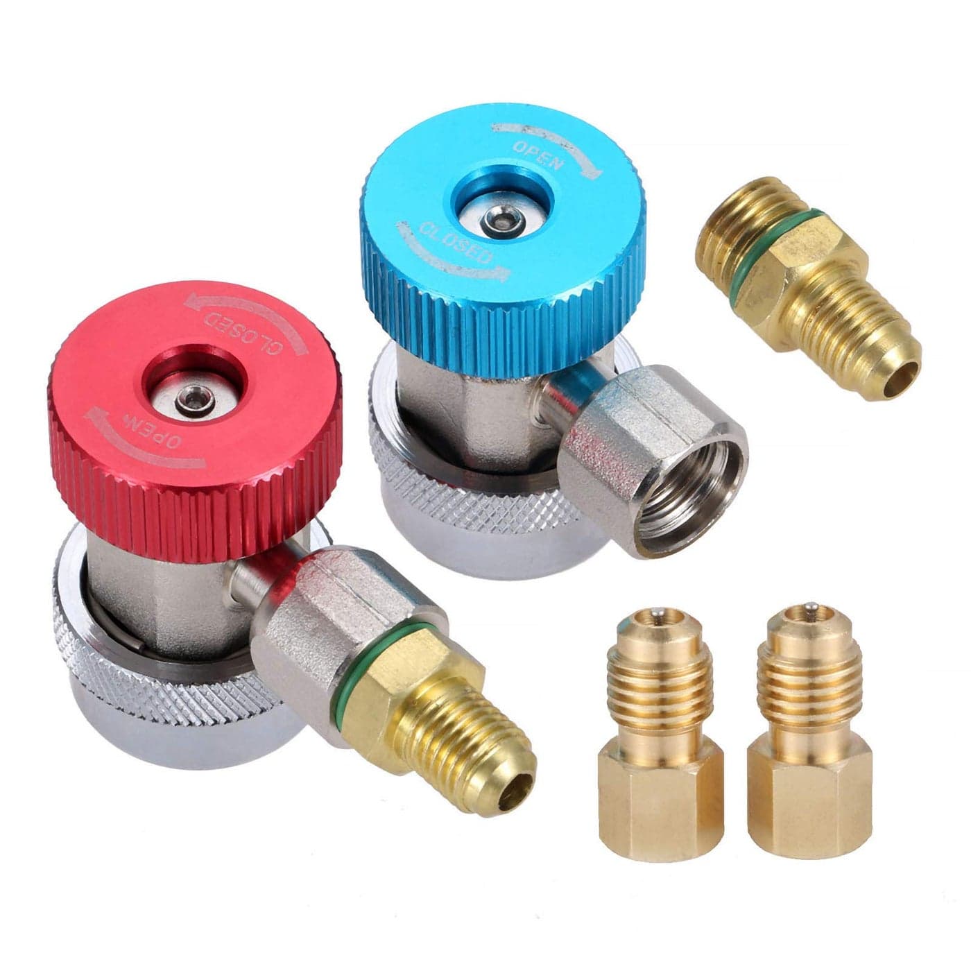 R134A Adapter Fittings Adjustable R134a High Low Quick Coupler Connector AC Freon Manifold Gauge Hose Conversion kit 14 SAE HVAC with 14 Female 12 Male Brass Adapter
