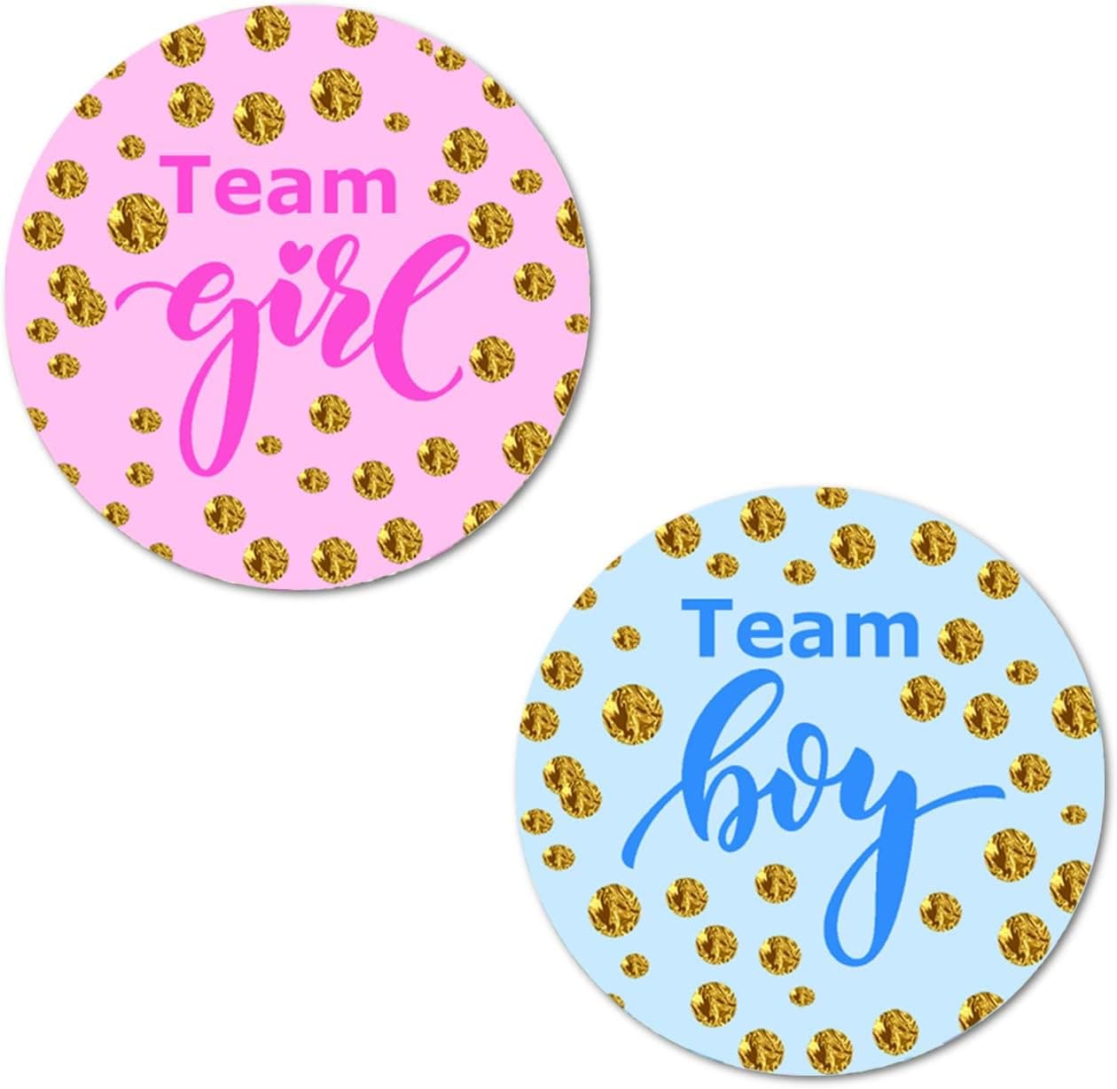 40 Team Girl Team Boy Golden Background Gender Reveal Stickers 2 Inch Big Round Glossy Labels Pink and Blue Decals Great for Baby Shower Party Favors Tags Games and Supplies Made in USA