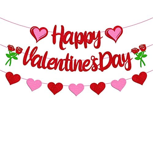 Festiko®Happy Valentine’s Day Banner Romanic Red Heart Garland for Women Girls Valentine’s Day Themed Anniversary Wedding Engagement Bridal Shower Party Supplies Glitter Decorations
