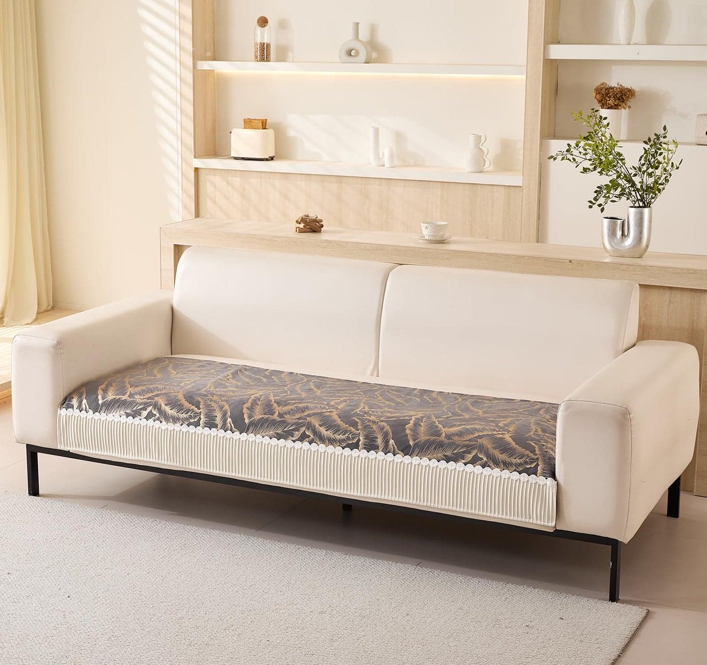 House of Quirk Sofa Cover Mat Leaf Pattern Chenille Fabric Seater Sofa Slipcover Anti-Slip Stretch Seat Pad from Pets Replacement Protector (Two Seater, Beige Gold, 90x120cm)